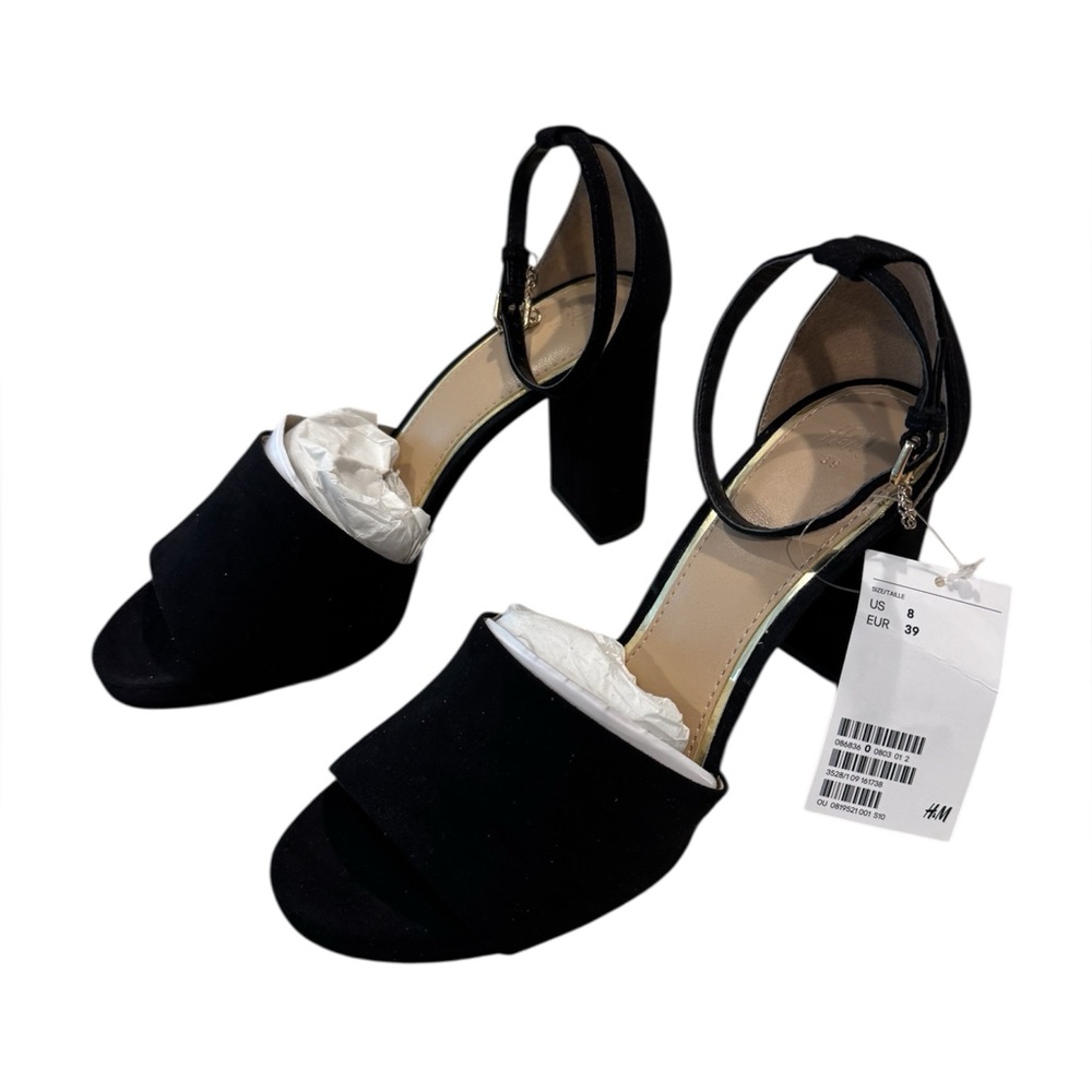 H&M Suede Open Toe Block Heels With Gold Detailing Size 8 Black NWT